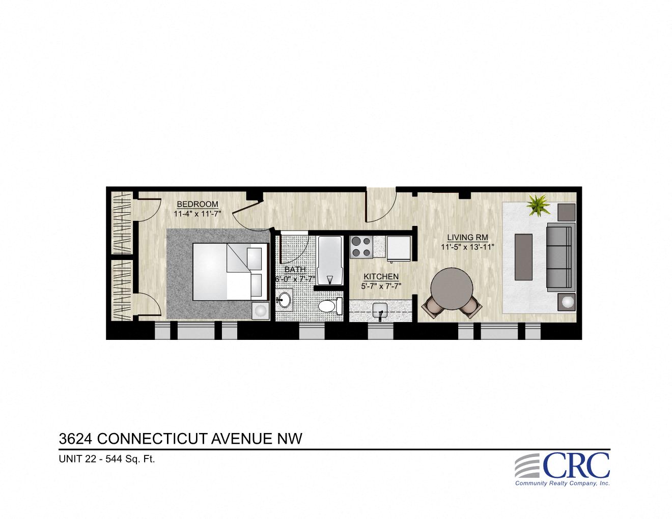 Floor plan for 1 bed, 1 bath, 544 sqft